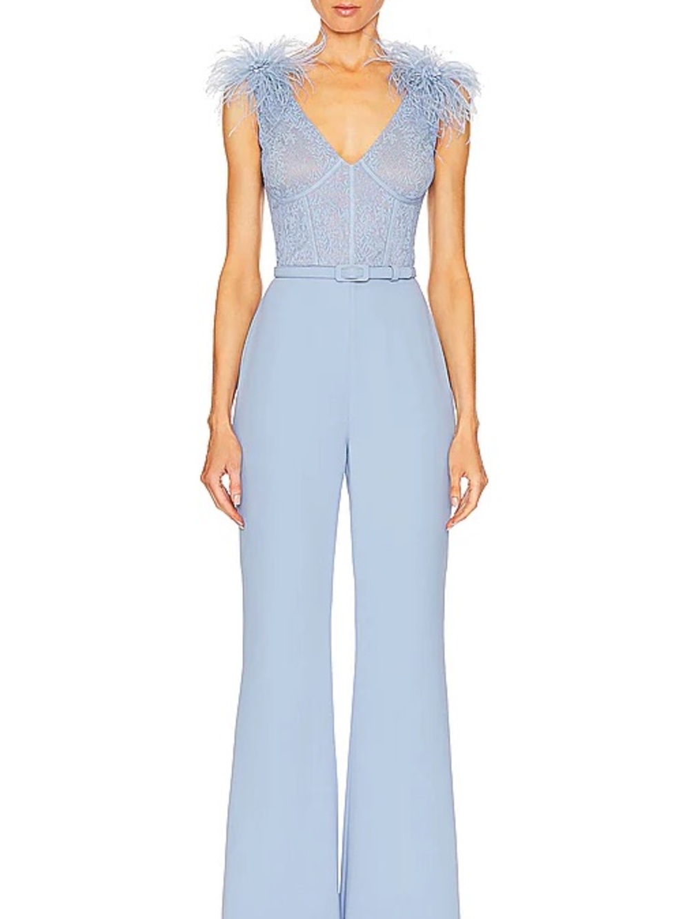 NADINE MERABI Powder Blue Feather-Shoulder Lace Jumpsuit